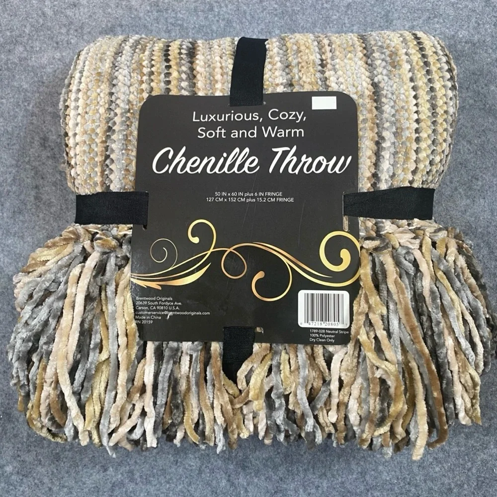 Vtg Brentwood Originals Neutral Stripe Chenille Throw Blanket Gray Beige Camel
